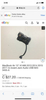 USB audio jack i/o MacBook Air 13” A1466 2013-2017