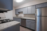 Modern kitchen in a luxury apartment in New Orleans with gray cabinets and granite countertops.