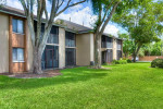 Exterior view of fully renovated 1-bedroom apartment at Park at Murano, surrounded by green lawn and trees.