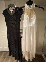 2 Adult Small Dance Costumes, White 2-pc., Sheer Black Dress Clothing