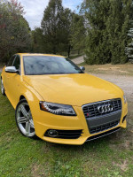 2010 Audi S4 in unique yellow color, parked on grass with trees in background, showcasing its sleek design.