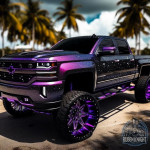 Stylish Chevrolet Express Cargo truck with custom paint and rims parked in a tropical setting