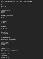 2003 Chevrolet S-10 LS ZR2 extended cab truck in dark cherry red, 7,400 miles, clean title, runs perfectly.