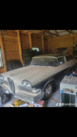 1958 Ford Edsel Ranchero with custom modifications and vintage features in a garage setting.