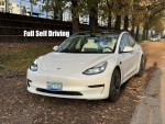 2021 Tesla Model 3 with full self-driving feature parked on a leaf-covered road.