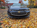 Front view of 2018 Chevrolet Malibu LT parked among colorful autumn leaves.