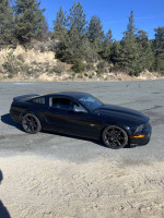 2006 Ford Mustang GT in black, parked outdoors with trees in the background, showing sporty design and custom wheels.