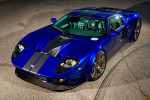 2024 Ford GT in blue with black stripes showcasing custom chassis, perfect for collectors and enthusiasts.