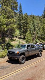 2002 GMC Sierra CCLB Duramax truck parked on a forested road, showcasing its rugged design and 4wd capabilities.