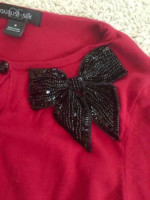$88 August Silk Cardigan Red Top Bow Beaded M 8 10 Sweater