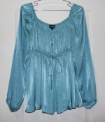 NEW! Gorgeous SIZE SMALL Teal Blue Satinteen Baby Doll Peasant Blouse