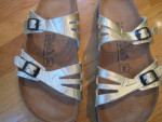 Birki's Birkenstock Gold Open-Toe Sandals with Black Buckles, Size 10!